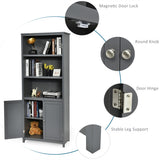 NNECW 3-Shelf Bookcase with Double Doors &amp Adjustable Shelves &amp Cabinet-Grey