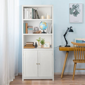 NNECW 3-Shelf Bookcase with Double Doors &amp Adjustable Shelves &amp Cabinet-White