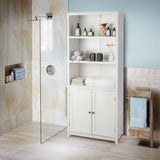 NNECW 3-Shelf Bookcase with Double Doors &amp Adjustable Shelves &amp Cabinet-White