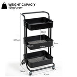 NNECW 3-Tier Metal Rolling Utility Cart with Lockable Wheels for Kitchen Office