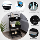 NNECW 3-Tier Metal Rolling Utility Cart with Lockable Wheels for Kitchen Office