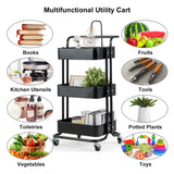 NNECW 3-Tier Metal Rolling Utility Cart with Lockable Wheels for Kitchen Office