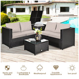 NNECW 4 Pieces Outdoor Rattan Furniture Set with Cushioned Loveseat Storage Table for Patio