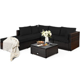 NNECW 6-Piece Patio Rattan Sofa Set with Washable Cushion Cover for Backyard & Poolside Black