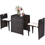 NNECW 3 Pieces Cushioned Patio Rattan Set with Tempered Glass Top Table