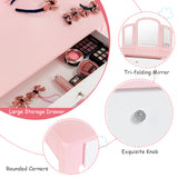 NNECW Kids Makeup Table Stool Set with Tri-folding Mirror for Bedroom-Pink