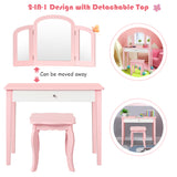 NNECW Kids Makeup Table Stool Set with Tri-folding Mirror for Bedroom-Pink