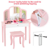 NNECW Kids Makeup Table Stool Set with Tri-folding Mirror for Bedroom-Pink