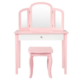NNECW Kids Makeup Table Stool Set with Tri-folding Mirror for Bedroom-Pink
