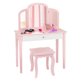 NNECW Kids Makeup Table Stool Set with Tri-folding Mirror for Bedroom-Pink