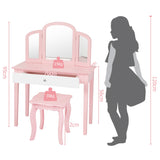 NNECW Kids Makeup Table Stool Set with Tri-folding Mirror for Bedroom-Pink