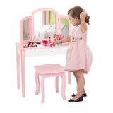 NNECW Kids Makeup Table Stool Set with Tri-folding Mirror for Bedroom-Pink
