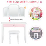 NNECW Kids Makeup Table Stool Set with Tri-folding Mirror for Bedroom-White