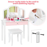 NNECW Kids Makeup Table Stool Set with Tri-folding Mirror for Bedroom-White