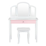 NNECW Kids Makeup Table Stool Set with Tri-folding Mirror for Bedroom-White