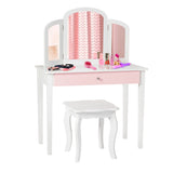NNECW Kids Makeup Table Stool Set with Tri-folding Mirror for Bedroom-White