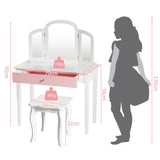 NNECW Kids Makeup Table Stool Set with Tri-folding Mirror for Bedroom-White