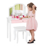 NNECW Kids Makeup Table Stool Set with Tri-folding Mirror for Bedroom-White