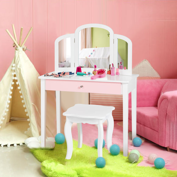 NNECW Kids Makeup Table Stool Set with Tri-folding Mirror for Bedroom-White