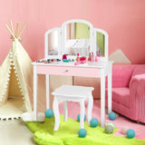 NNECW Kids Makeup Table Stool Set with Tri-folding Mirror for Bedroom-White