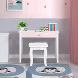 NNECW Kids Makeup Table Stool Set with Tri-folding Mirror for Bedroom-White