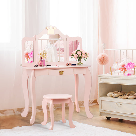 NNECW Kids Vanity Table and Chair Set with Drawer & Mirror for Girls