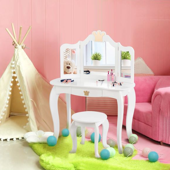 NNECW Kids Vanity Table and Chair Set with Mirror & Drawer for Girls-White