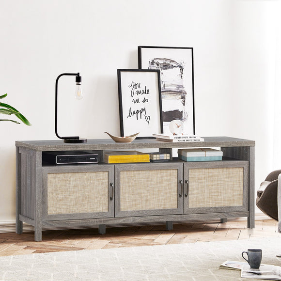 NNECW Rattan TV Stand with 3 Rattan Doors for Living Room