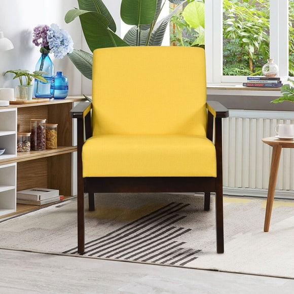 NNECW Modern Upholstered Linen Fabric Accent Sofa Chair with Wooden Armrest-Yellow