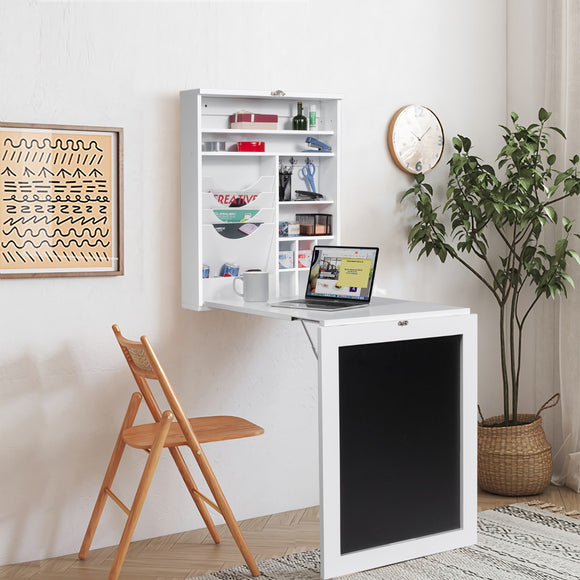 NNECW Folding Wall Mounted Desk with Chalkboard and Storage Compartments for Home/Office