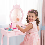 NNECW Vanity Makeup Table Set with Real Mirror for Little Girls Pink