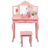 NNECW Kids Dressing Table Set with Stool &amp Mirror for Children Ages 3-7-Pink
