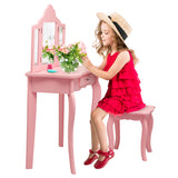 NNECW Kids Dressing Table Set with Stool &amp Mirror for Children Ages 3-7-Pink