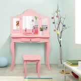 NNECW Kids Dressing Table Set with Stool &amp Mirror for Children Ages 3-7-Pink