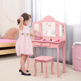 NNECW Kids Dressing Table Set with Stool &amp Mirror for Children Ages 3-7-Pink