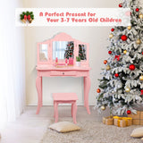 NNECW Kids Dressing Table Set with Stool &amp Mirror for Children Ages 3-7-Pink