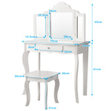 NNECW Kids Dressing Table Set with Stool &amp Mirror for Children Ages 3-7-White