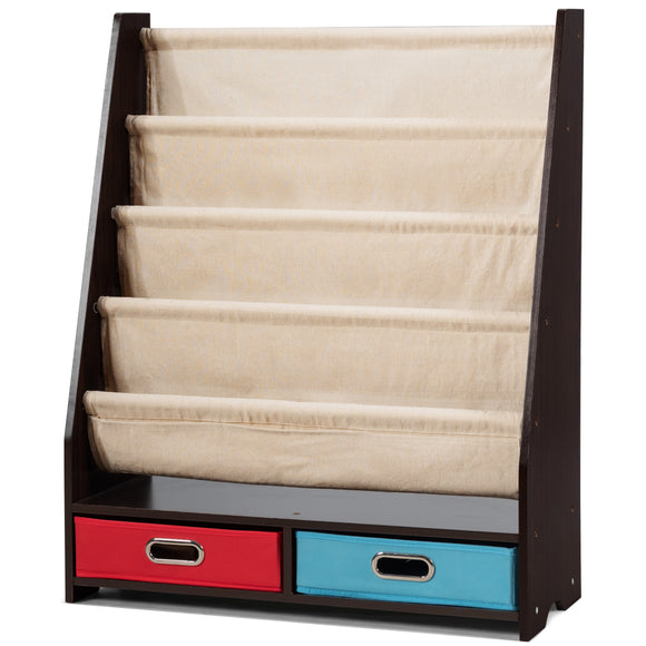 NNECW Wood Bookshelf with 2 Storage Boxes for Storing Books-Coffee