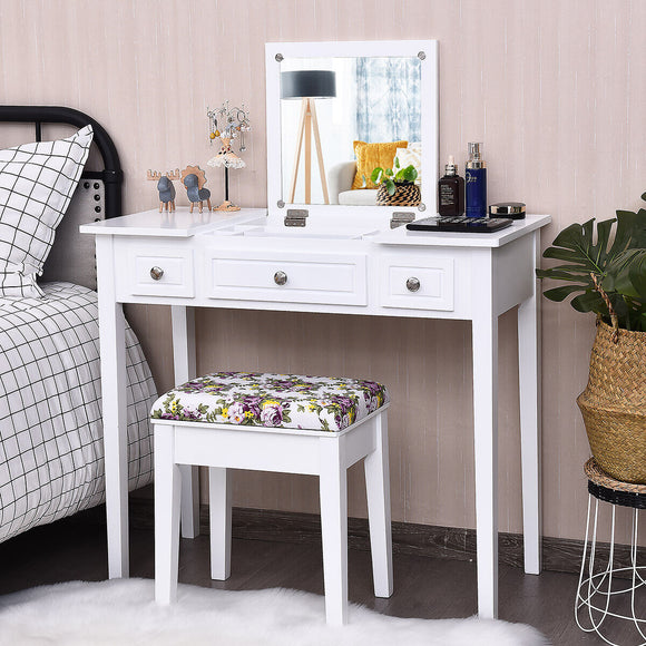 NNECW Dressing Table Stool Set with Flip Top Mirror & Storage Drawer