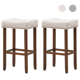 NNECW 74cm Set of 2 Saddle Barstools with Backless Nailhead Fabric Seat-White