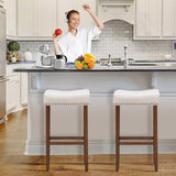 NNECW 74cm Set of 2 Saddle Barstools with Backless Nailhead Fabric Seat-White