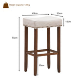 NNECW 74cm Set of 2 Saddle Barstools with Backless Nailhead Fabric Seat-White