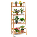 NNECW 4-Tier Bamboo Plant Shelf with Guardrails for Patio Bathroom