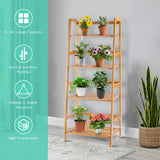 NNECW 4-Tier Bamboo Plant Shelf with Guardrails for Patio Bathroom