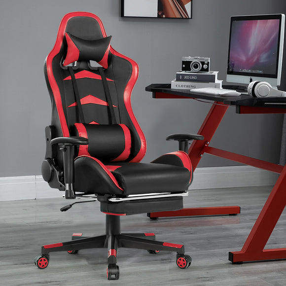 NNECW Gaming Chair with Footrest and Massage Lumbar Cushion-Red