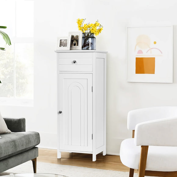 NNECW Floor Cabinet with Practical Drawer and 3-level Adjustable Shelves for Living Room/Bedroom-White