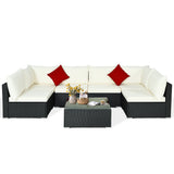 NNECW 7 Pieces Outdoor Wicker Sofa Set with Tempered Glass Top Coffee Table