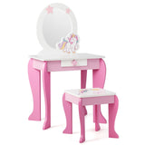 NNECW Kids Vanity Table and Chair Set with Mirror &amp Stool-Pink