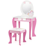 NNECW Kids Vanity Table and Chair Set with Mirror &amp Stool-Pink