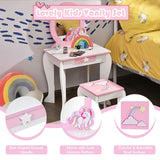 NNECW Kids Vanity Table and Chair Set with Mirror and Stool for Little Girls